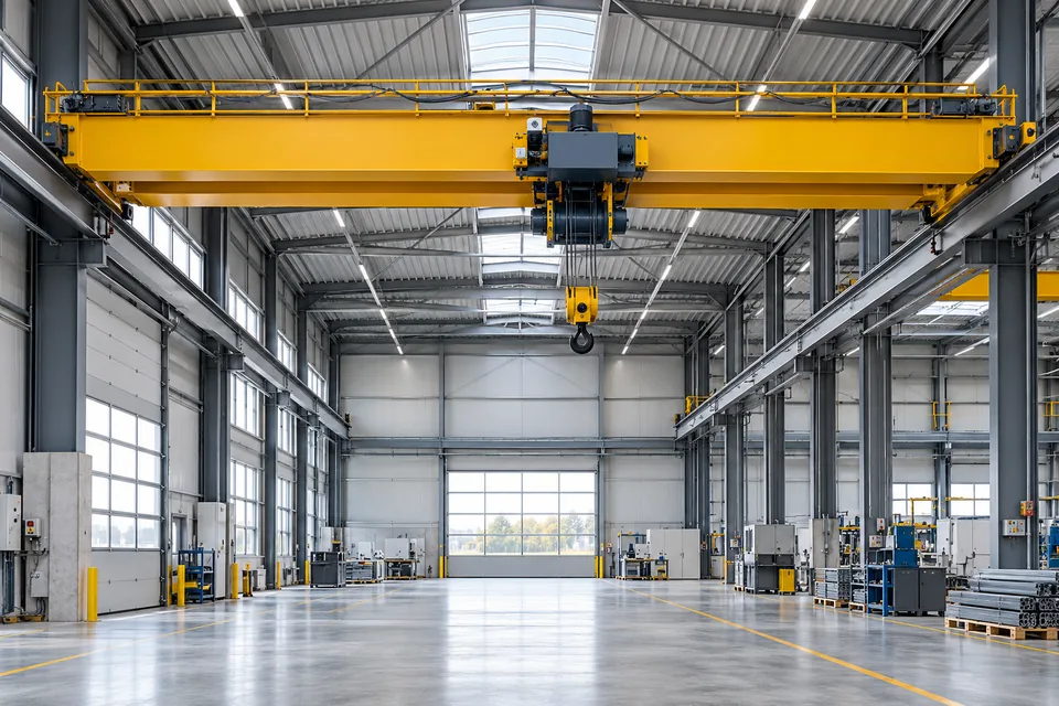 Symbolbild: gelber Brückenkran in einer Industriehalle, kein bestimmtes ABUS Modell