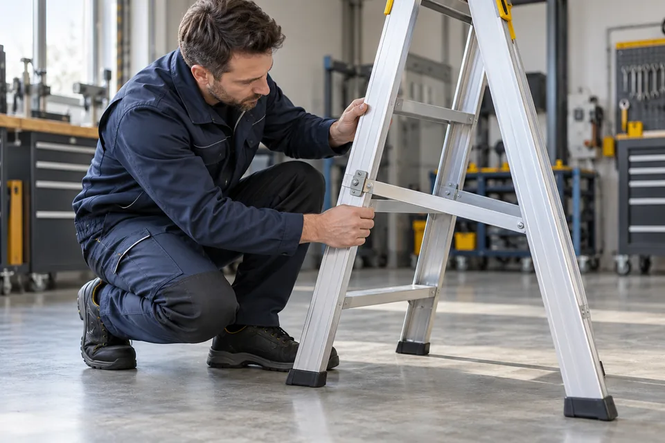 Symbolbild: Techniker prüft eine Aluminium-Stehleiter am Boden